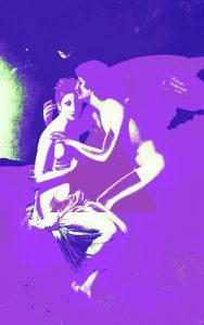 A painting of Cupid and Psyche embracing in deep purples and whites.
