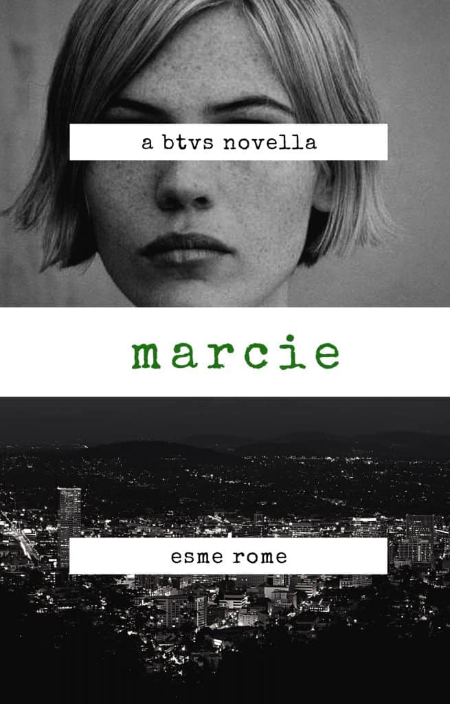 The cover for Marcie by Esme Rome, showing Clea DuVall and a city at night.