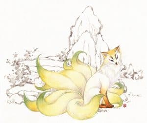 An illustration of a yellow nine-tailed fox with green fur at the tips of its tails. Background is black and white outline illustration, showing a rock and some wood.