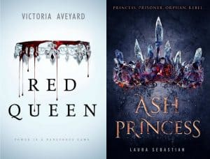 A side-by-side comparison of the covers of Red Queen and Ash Princess. Red Queen shows an upside-down crown dripping with blood on a white-blue background. Ash Princess shows a crown made of ashes and embers on a dark black background.