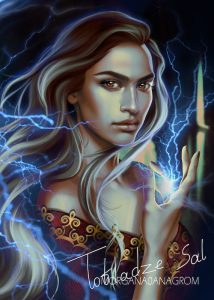 An illustration of a young woman, gazing intently at the viewer, with lightning erupting from her palm and crackling in the air around her.