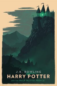 A portrait of Hogwarts castle, high on a hill, in green. A green light comes from a high window in the tower.