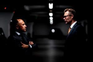 Two men in business suits staring at each other in a dark parking lot. One has his arms crossed and looks angry.