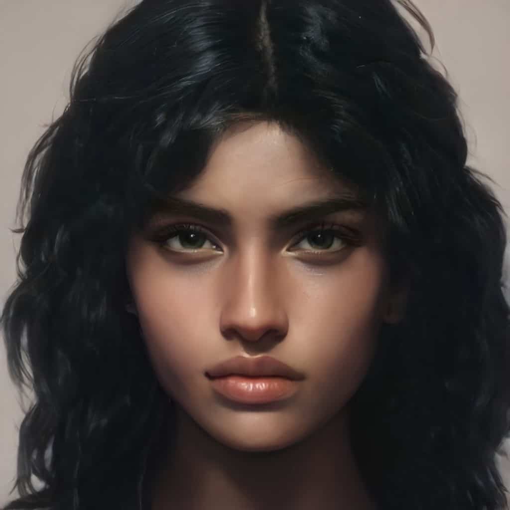 An image of a young woman with brown skin, black eyes, and black hair. She stares at the viewer with an unflinching expression.