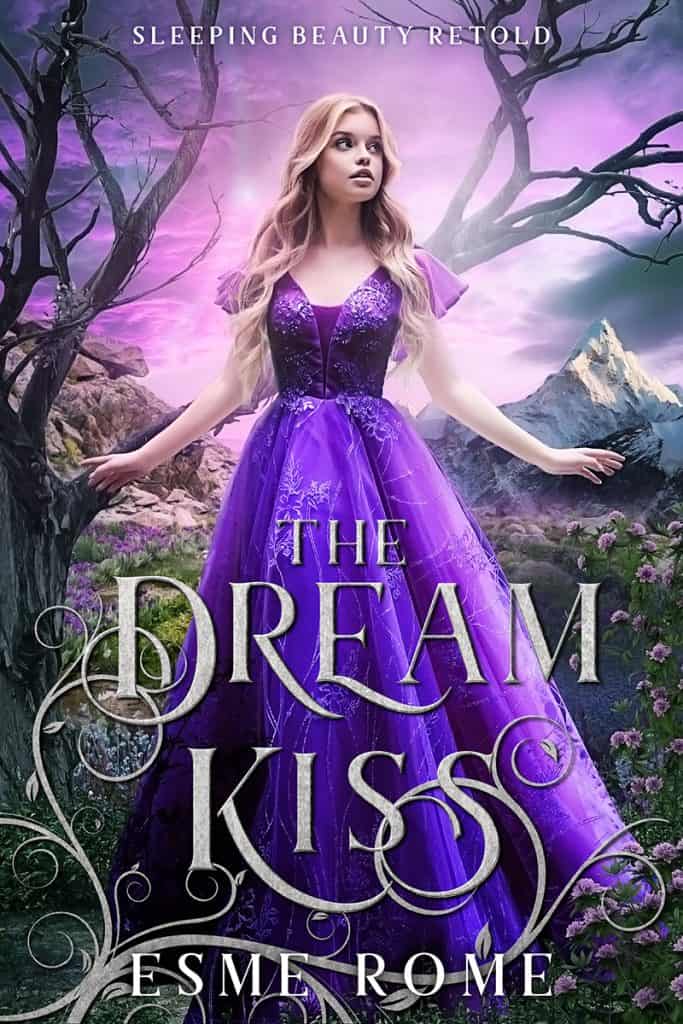 The cover of The Dream Kiss, showing a young woman in a purple dress standing before some mountains.