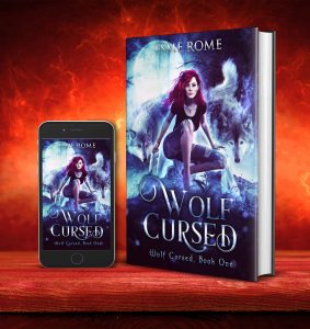 A picture of the Wolf Cursed cover on a tablet and hardcover. The cover image shows a redheaded young woman kneeling between two blue-eyed wolves.