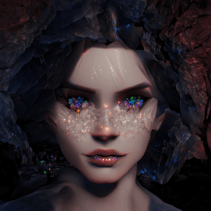 A character portrait showing a pale young woman with black hair and blue eyes staring intently at the camera. Her face has been altered to look like cave gems.