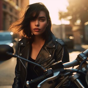 Low angle medium close-up of Dua Lipa on a motorcycle, wearing a black leather jacket and ripped jeans. The camera, a Canon EOS R with Canon RF35mm F1.8 is Macro STM Lens, captures her confident expression, emphasizing her determination. The lighting is golden hour, casting a warm glow on her face and the motorcycle. The depth of field is shallow, with the focus on Dua Lipa’s face and the motorcycle, creating a sense of connection. The shutter speed is 1/500, capturing the motion of her hair flowing in the wind.