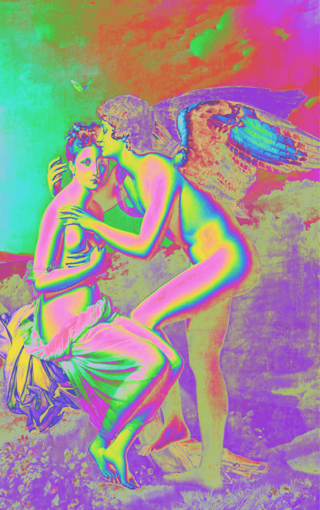 Cupid and Psyche embracing.