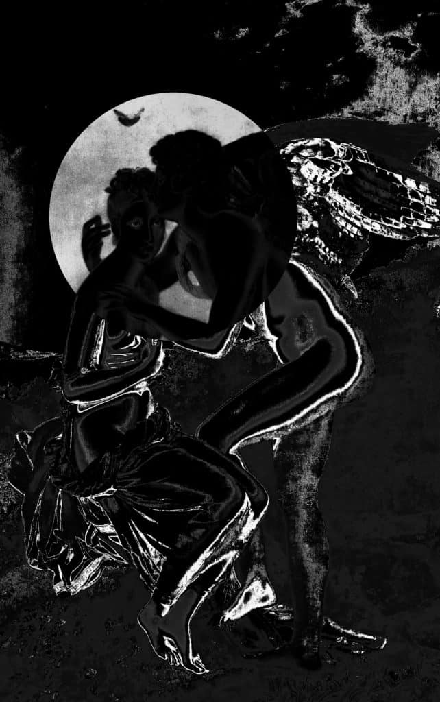 Cupid and Psyche embracing in blacks and grays.