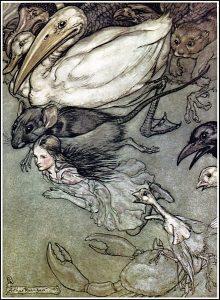 A blonde girl about eight swims with a pelican, a raven, a mouse, a weasel, and a crab.