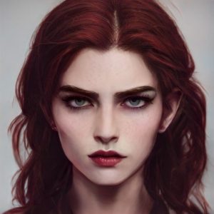 A portrait of Mevelina, the villain from my novel The Dream Kiss. The portrait is of a young woman with light skin, sharp cheekbones, glowering eyes, and dark red hair.