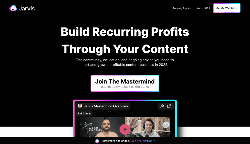 Homepage of Jarvis Mastermind course.