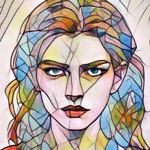 A portrait of Mevelina in stained glass. The portrait shows a glowering young woman with multi-colored hair in a stained glass style.